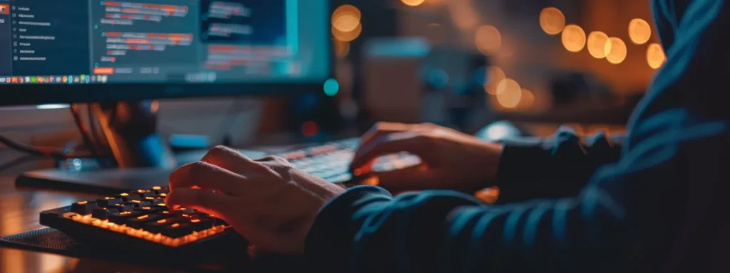 Close-up of hands coding on an illuminated keyboard, illustrating the concept of intelligent search in software development.